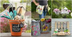 several different pictures with flowers and gardening items in them