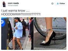 the woman is walking down the street with her shoes on and wearing heels that are very high