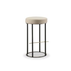 a round stool with a metal frame and beige upholstered cushion on the top