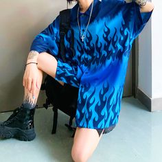 BLUE FLAME BLOUSES on Storenvy Casual Flame Print Tops For Streetwear, Vaporwave Outfit, Street Cyberpunk, Oversized Clothes, Blue Flame, Oversized Blouse, Punk Outfits, Blue Flames, Blue Blouse