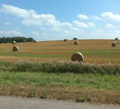 several bales of hay in the middle of a field