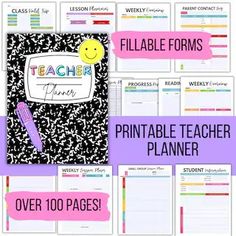 the printable teacher planner is on display in front of a white background with black and pink