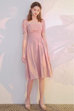 Shop elegant pink knee length short sleeved semi party dress with ruffles online. Sheprom offers formal, party, casual & more style dresses to fit your special occasions. Pink Knee-length Dress, One Piece Dress Knee Length Casual, Elegant Knee-length Pink Dress, Freshers Party Dress, Knee Length Formal Dresses, Pink Knee-length Elegant Satin Dress, Elegant Pink Knee-length Satin Dress, Pink Knee-length Dress With Elastic Sleeves, One Piece Dress Knee Length