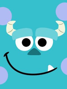 a blue monster with horns and big eyes on it's head is smiling at the camera