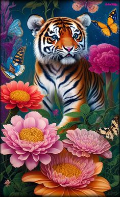 a painting of a tiger surrounded by pink and yellow flowers with butterflies on the background