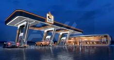 an artist's rendering of a gas station with cars parked at the front and side