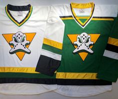 Tally is a brand of high-quality hockey jerseys. Tally hockey jerseys were declared the best $89 jerseys available anywhere. The green or white Ducks jersey with your name and number in twill is only $89 per jersey. No minimum order quantity. We customize and ship your jersey to you in 1 day. Free Shipping! School Jersey, Crest Logo, White Ducks, Hockey Jersey, 1 Day, Ducks, Your Name, Sport Fitness, Team Logo