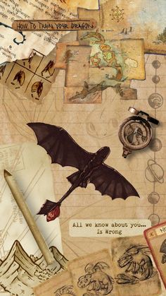 a collage of old maps, postcards, and other items in the shape of a bat