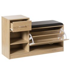 a wooden bench with two drawers and a black cushion on it's back end