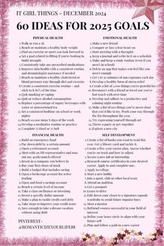 a pink and white flyer with the words 60 ideas for 205 goals written in it