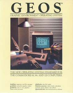 the front cover of an old computer book with text on it that reads, geos