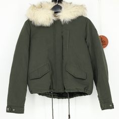 Size Medium Location Bin 11 Green Winter Parka For Workwear, Green Winter Workwear Parka, Winter Workwear Khaki Parka, Blush Trench Coat, Black Leather Jacket Outfit, Short Puffer Jacket, Tan Trench Coat, Black Parka, Faux Leather Biker Jacket