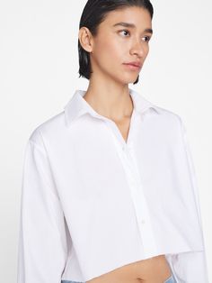 THE CROPPED OVERSIZED SHIRT BLANC – FRAME Oversized Classic Poplin Blouse, White Relaxed Fit Poplin Shirt, Classic Oversized Poplin Blouse, Relaxed Fit Long Sleeve Dress Shirt For Everyday, Everyday Relaxed Fit Long Sleeve Dress Shirt, Spring Relaxed Fit Poplin Shirt, Everyday Dress Shirt With Relaxed Fit And Long Sleeves, Relaxed Fit Poplin Top For Work, Relaxed Fit Dress Shirt For Summer Daywear