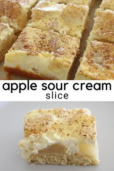 an apple sour cream slice is cut into squares