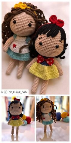 two crocheted dolls, one with a red bow and the other with a yellow dress