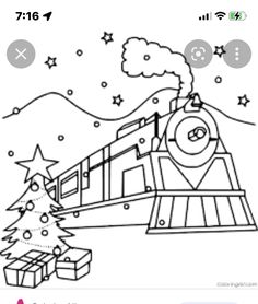 a black and white image of a train with christmas trees