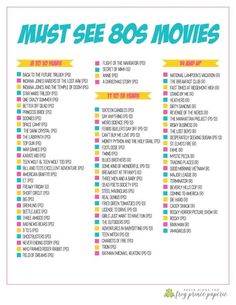 the must see 80's movies list is shown in blue, yellow and pink