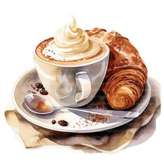 there is a cup of coffee and some croissants on the plate