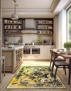 a kitchen with an area rug on the floor