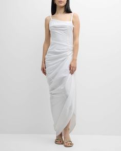 Jacquemus La Robe Saudade Longue Ruched Maxi Dress | Neiman Marcus Drape Maxi Dress, Ruched Maxi Dress, Draped Skirt, Pleated Maxi Dress, Pleated Maxi, Maxi Dress Evening, Maxi Dress Green, Style Maxi Dress, Maxi Dress Blue