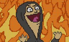 a pixellated image of a woman with her mouth open and hands in the air