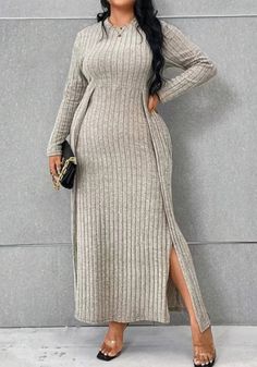 Wedding Evening Dresses, Curvy Dresses, Metallic Jeans, Jeans Overall, Long Dress Design, Cardigan Sweater Dress, Round Neck Dresses, Curvy Dress, High Neck Long Sleeve