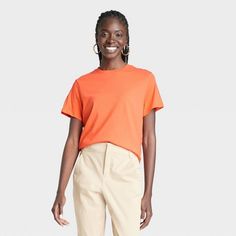 Women's Short Sleeve T-Shirt - A New Day™ Dark Orange S Neutral T Shirts, Basic White Tee, Crewneck Style, Dark Orange, Fall Shirt, Pullover Designs, Casual T Shirt, Workout Tank Tops, Top Collection