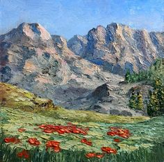 an oil painting of red flowers in the mountains