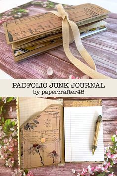 an open notebook with flowers on it and the title padfolio junk journal by papercraft