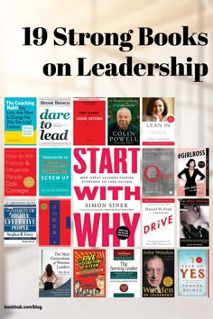 a poster with the words, 19 strong books on leadership and images of people