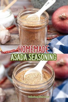 homemade asada seasoning in a glass jar with a spoon