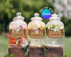 three glass jars with winnie the pooh labels on them sitting on top of a wooden box