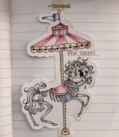 a drawing of a carousel horse on lined paper with stickers attached to the back