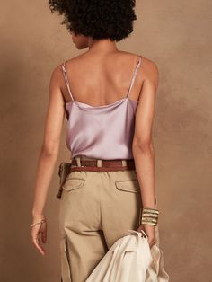 An indulgent, elegant essential, this versatile camisole is crafted from our washable silk charmeuse and cut on the bias for figure-flattering drape.  SEMI-FITTED: Cut for a not-too-tight, not-too-loose fit.  V-neck.  Adjustable slider straps.  Dolphin hem.  Unlined.  Semi-fitted.  Sleeveless.  Hip length.  Front bodice length (size S): Petite 17. 75", Regular 18. 5", Tall 20. 5" Model: Size S or XL, 5'10" (178cm).  Machine wash cold, gentle cycle, line dry. Feminine Silk Camisole With Built-in Bra, Silk Camisole With Built-in Bra, Silk Cami Tank Top With Built-in Bra, Chic Silk Camisole With Built-in Bra, Elegant Silk Top With Adjustable Straps, Chic Solid Color Camisole With Built-in Bra, Silk Camisole With Built-in Bra And Tank Straps, Solid Satin Camisole, Chic Solid Color Camisole