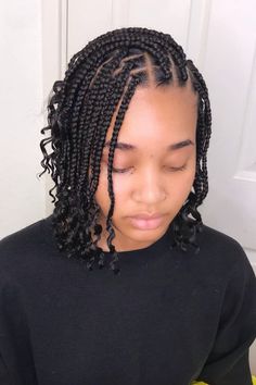 Braid And Curls Hairstyles Short Hair, Medium Box Braids Shoulder Length, Medium Short Box Braids, Bob Braids With Curly Ends, Box Braid Bob Shoulder Length, Short Box Braids Styles Shoulder Length, Bob Box Braids Styles Shoulder Length, Bob Box Braids With Curly Ends, Short Single Braids