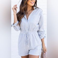 Blue And White Striped Romper Jean Like Material Size Small, Fits Like Extra Small Perfect Brand New Condition Blue Relaxed Fit Jumpsuits And Rompers For Day Out, Blue Jumpsuits And Rompers For Spring Daywear, Blue Long Sleeve Jumpsuits And Rompers For Vacation, Long Sleeve Jumpsuits And Rompers For Spring Daywear, Spring Long Sleeve Jumpsuits And Rompers For Daywear, Light Blue Jumpsuits And Rompers For Spring Workwear, Blue Long Sleeve Jumpsuit For Vacation, Casual Blue Jumpsuits And Rompers For Daywear, Light Blue Loungewear Jumpsuits And Rompers