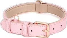 a pink leather dog collar with metal buckles