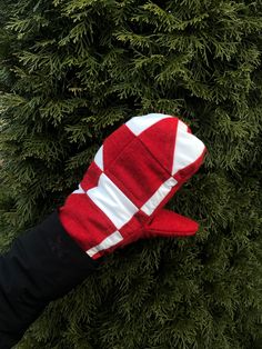 a person's hand wearing a red and white mitt on top of a tree