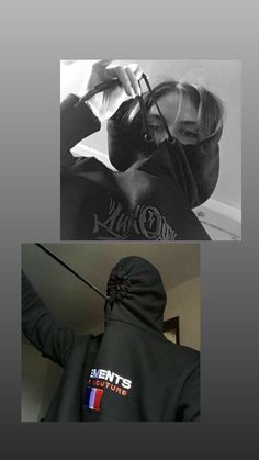 two photos one in black and white, the other in grey with an image of a woman wearing a hoodie