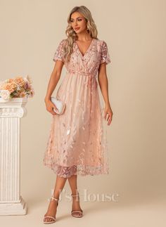 Cruise Formal Wear, Office Party Dress, Peach Color Dress, Tea Length Tulle, Tulle Cocktail Dress, Cocktail Dresses With Sleeves, Sequin Homecoming Dress, Tulle Mini Dress, Dress With Sequins