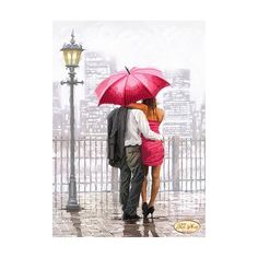 a man and woman standing under an umbrella in the rain with their backs to each other