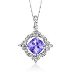 Ross-Simons - 2.30ct Tanzanite, .18ct t. w. Diamond Pendant Necklace. 18". Whether it's your birthstone or favorite gem, tanzanite is a compelling choice that always makes a statement! This expressive pendant necklace features a 2.30 carat square cushion-cut tanzanite beaming from an elegant 14kt white gold setting sparked with .18 ct. t. w. round brilliant-cut diamonds. Suspends from a box chain. Springring clasp, diamond and tanzanite pendant necklace. Tanzanite Pendant, Tanzanite Necklace, Tanzanite Jewelry, Jewellery Sketches, White Gold Set, Boot Jewelry, Engagement Jewelry, Expensive Jewelry, Diamond Pendant Necklace