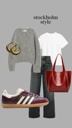 Stockholm style, adidas sneakers outfit, winter fall outfit, trendy everyday casual going out outfit Maroon Samba Outfits Women, Burgundy Sambas Adidas Outfit, Burgundy Vans Outfit Women, Burgundy Accent Outfit, Burgundy Trainers Outfit, Work Outfits Sneakers Women, Adidas Samba Maroon Outfit, Burgundy Gazelle Outfit, Red Mesh Flats Outfit