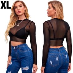 Nwot Black Long Sleeve Sheer Crop Top Size: Xl Bundle 2 Or More Items & Save Black Sheer Non-stretch Top, Black Mesh Top For Night Out In Fall, Black Stretch Mesh Top For Winter, Cute Yellow Shirts, Sabrina Carpenter Style, Tie Up Crop Top, 70’s Style, Sheer Crop Top, Boho Crop Tops