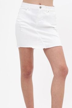 Classic Denim Skirt - Jolie Vaughan | Online Clothing Store in Baton Rouge Chic White Denim Mini Skirt, White Frayed Hem Mini Denim Skirt, White Denim Mini Skirt With Frayed Hem, Stretch Cutoff Mini Skirt With Frayed Hem, White Mini Skirt With Frayed Hem For Summer, Trendy White Cutoff Denim Skirt, White Denim Skirt With Frayed Hem For Spring, Casual White Mini Denim Skirt, White Short Denim Skirt For Spring