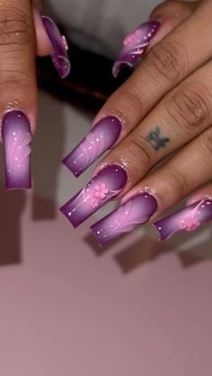 Full Color Acrylic Nails, Dark Purple Pink Nails, Purple Xl Nails, Birthday Nails Short Purple, Gel X Nail Designs Purple, Birthday Nail Set Ideas Purple, Dark Purple Nail Inspo Acrylic, Purple Inspired Nails, Two Different Hand Nails