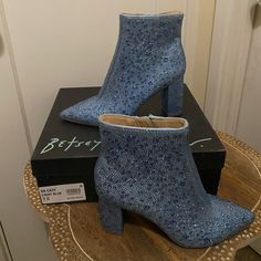 Nib Betsey Johnson Cady Blue Sequin Pointed Toe Heeled Ankle Boot. These Are Gorgeous - A Statement Piece For Any Style! This Particular Blue Was Part Of The Something Blue Color Way For Weddings, They Have The Blue Sole Too. You Could Wear These As Wedding Shoes, But These Are Way Too Pretty For Just One Day. I Would Totally Wear For Date Night, Dancing, Party Or Event - The Outfit Could Play The Boots Up Or Down. The Box Has A Little Damage, But The Tissue Is Still Inside. One Boot Has A Small Blue Ankle-high Heels For Party, Ankle-high Blue Heels For Party, Blue High Heel Boots For Evening, Blue Pointed Toe Heels For Winter, Fitted Blue Almond Toe Boots, Elegant Blue Heels For Fall, Elegant Blue Spring Boots, Blue Pointed Toe Boots For Night Out, Blue Heels For Winter Party