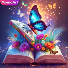 an open book with butterflies flying over it