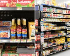 two shelves in a store filled with food and condiments