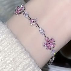 New Sterling Silver Pink Rhinestone Bracelet Pink Silver Jewelry, Pink Jewelry Bracelets, Hoco Bracelets, Pink Stone Bracelet, Pink And Silver Bracelet, Feminine Silver Flower Jewelry, Pink And Silver Jewelry, Silver Flower Jewelry With Sparkling Stones, Flower Shaped Crystal Bracelet Gift